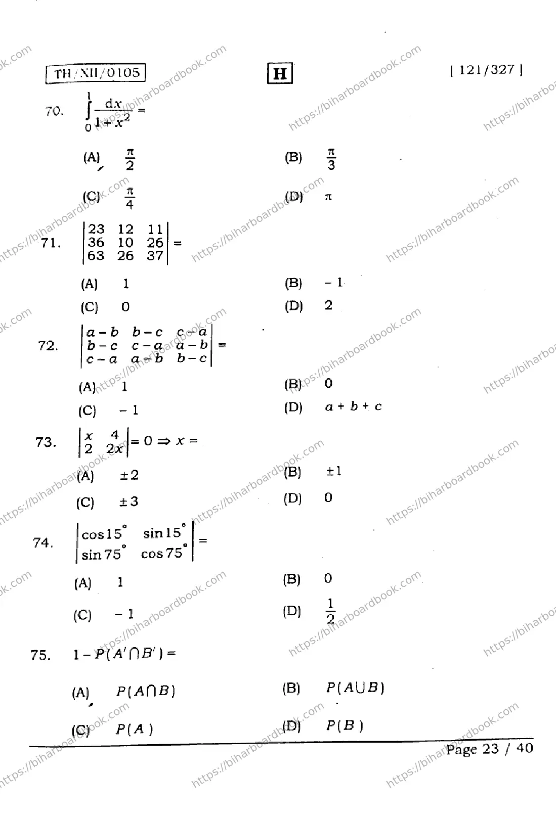 Bihar Board Class 12th 2026 MATHEMATICS-121-327-SET-H Previous Year Paper 23