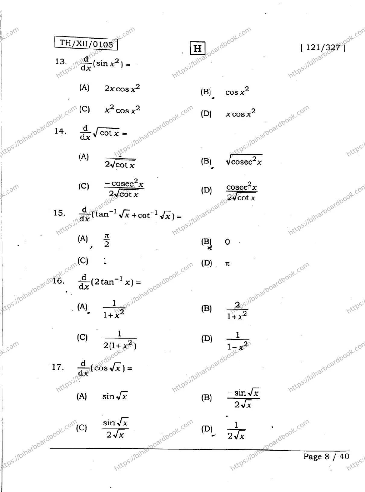 Bihar Board Class 12th 2026 MATHEMATICS-121-327-SET-H Previous Year Paper 8