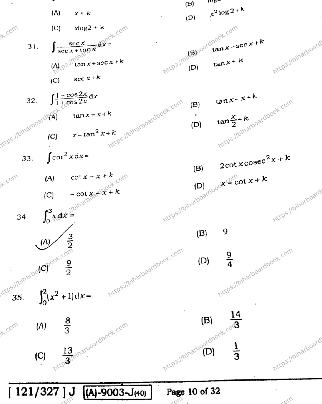 Bihar Board Class 12th 2021 Mathematics  121327J  2021 Previous Year Paper 10
