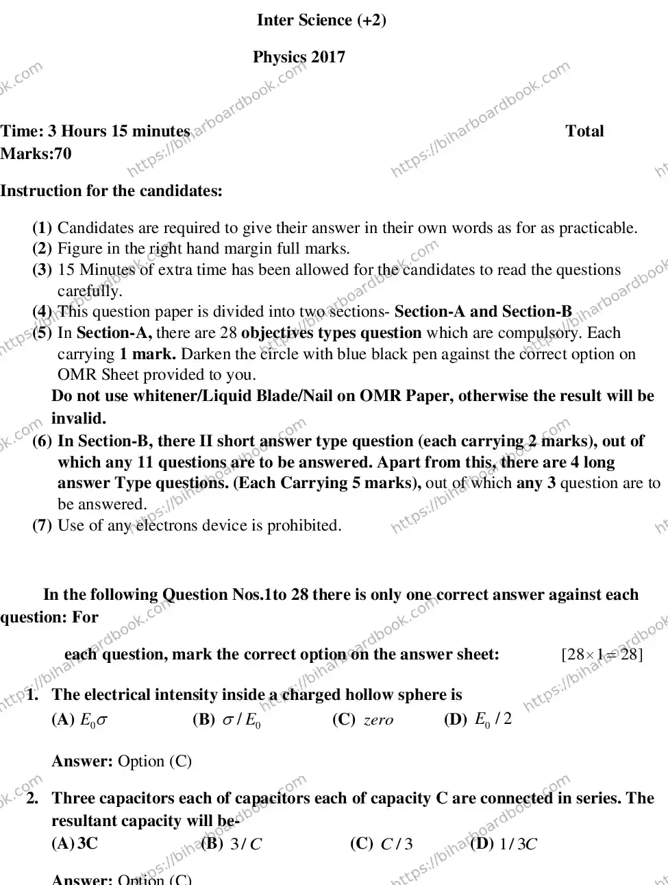 Bihar Board Class 12th 2015 Physics  2015 Previous Year Paper 1