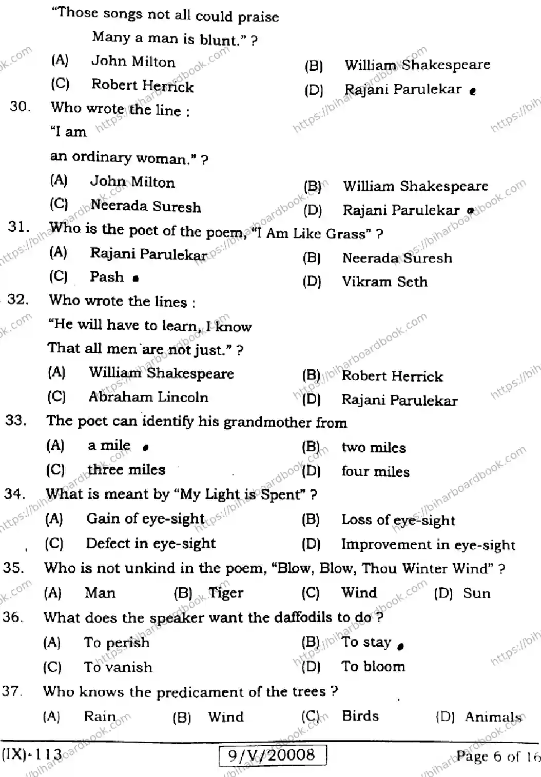Bihar Board Class 9th 2026 ENGLISH-113 Previous Year Paper 6