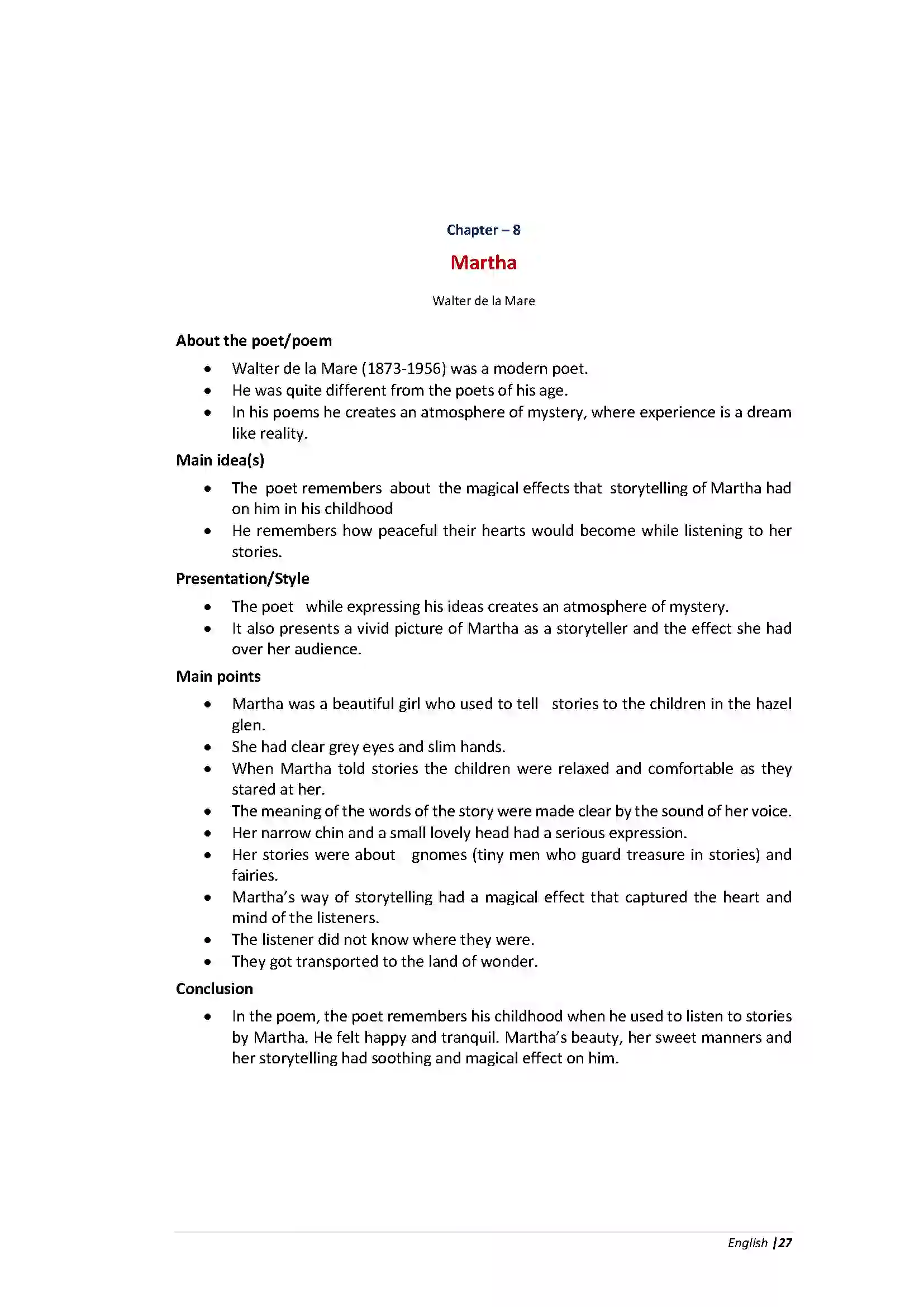 Bihar Board Class 10th English Martha  Poetry Revision Note 1