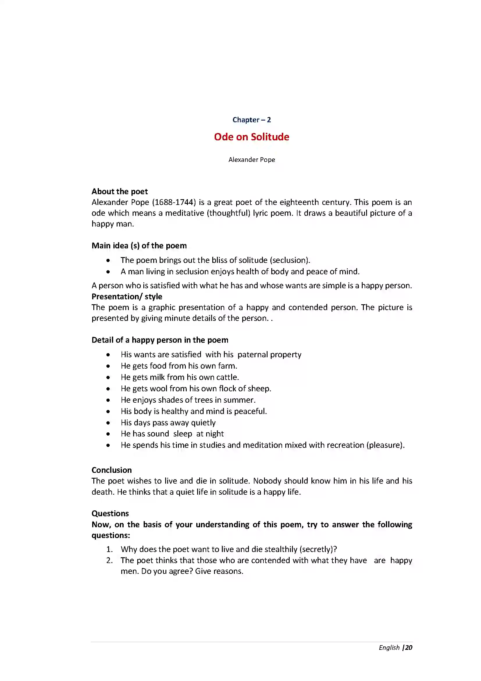 Bihar Board Class 10th English Ode on Solitude  Poetry Revision Note 1
