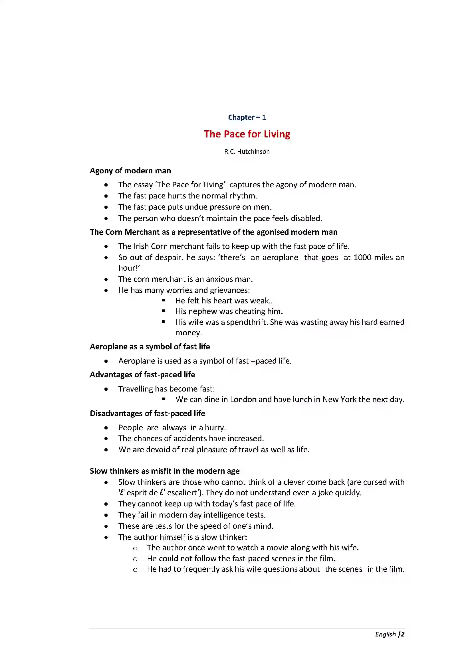 Bihar Board Class 10th English The Pace for Living  Chapter Revision Note 1