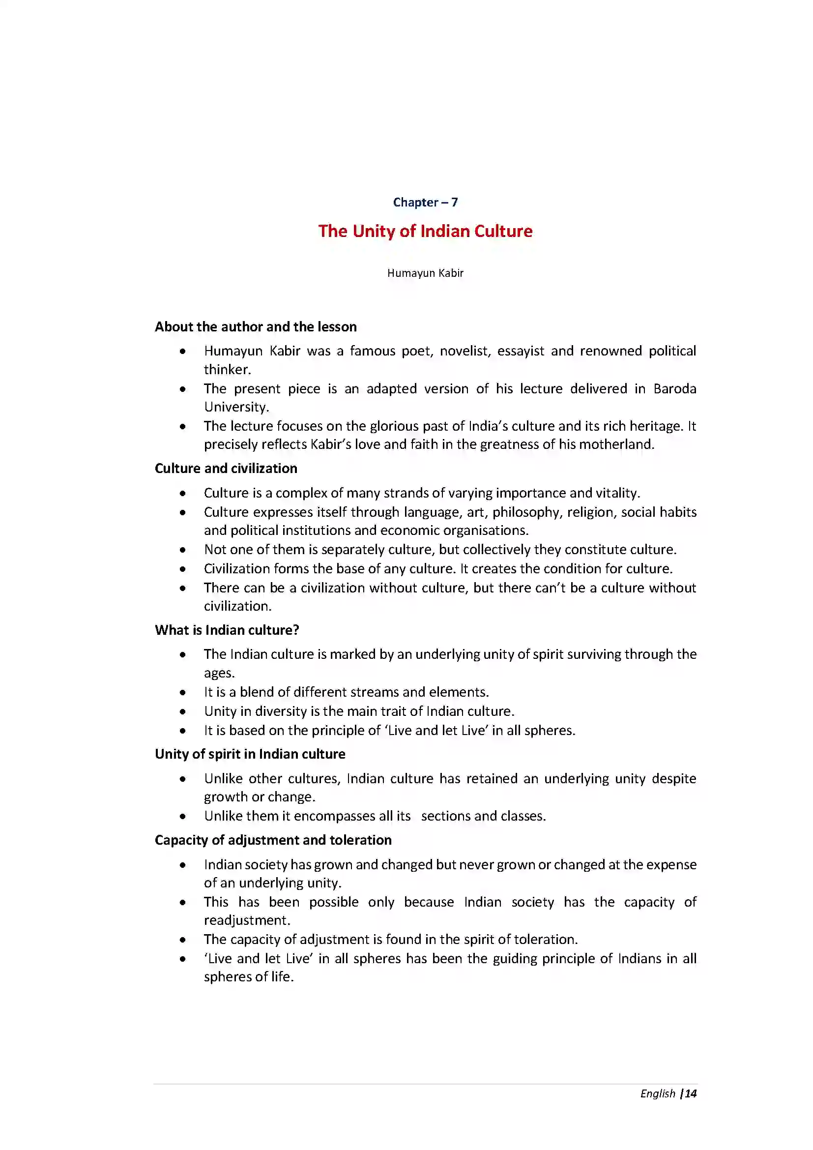 Bihar Board Class 10th English The Unity of Indian Culture  Chapter Revision Note 1