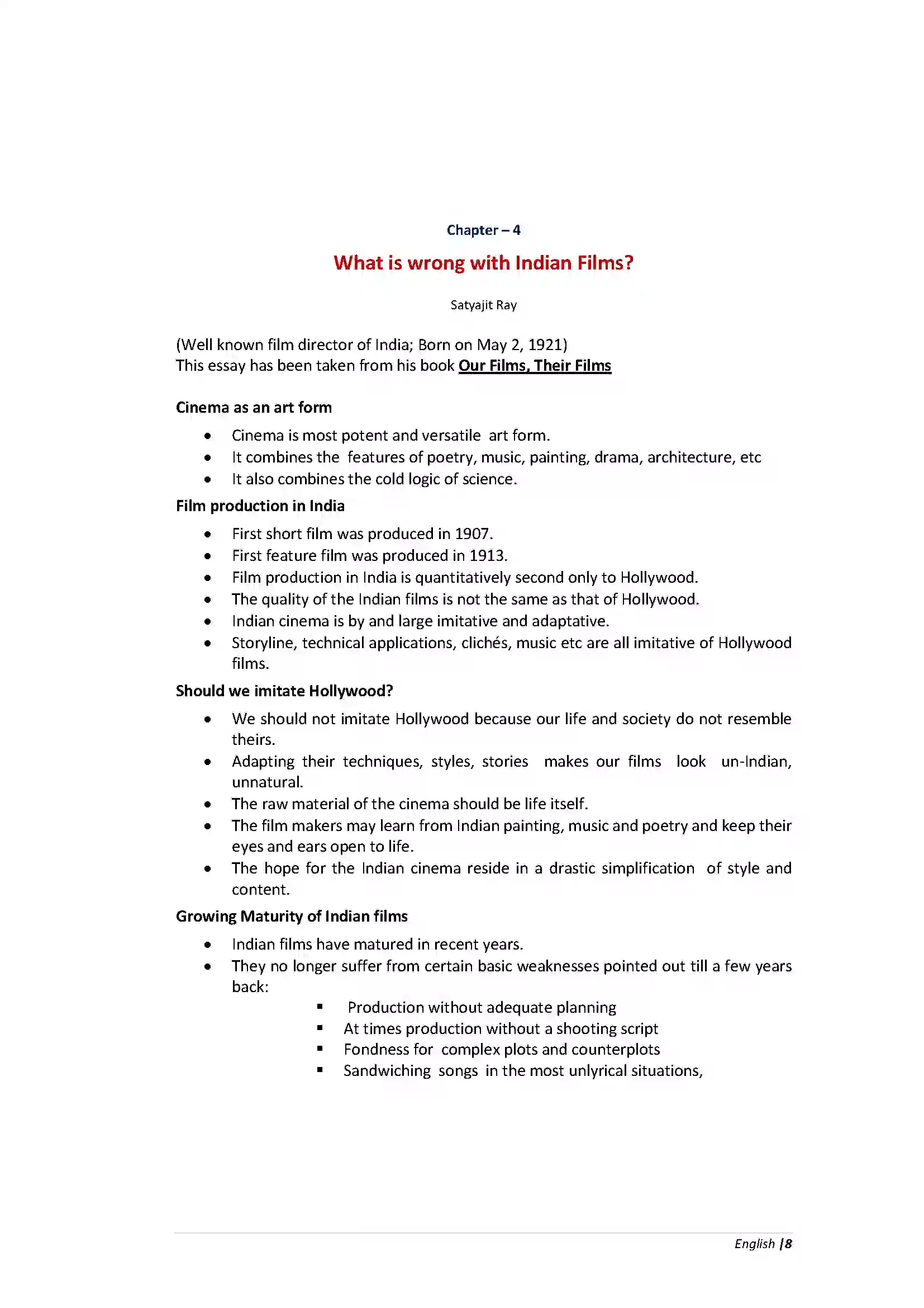Bihar Board Class 10th English What is wrong with Indian Films  Chapter Revision Note 1