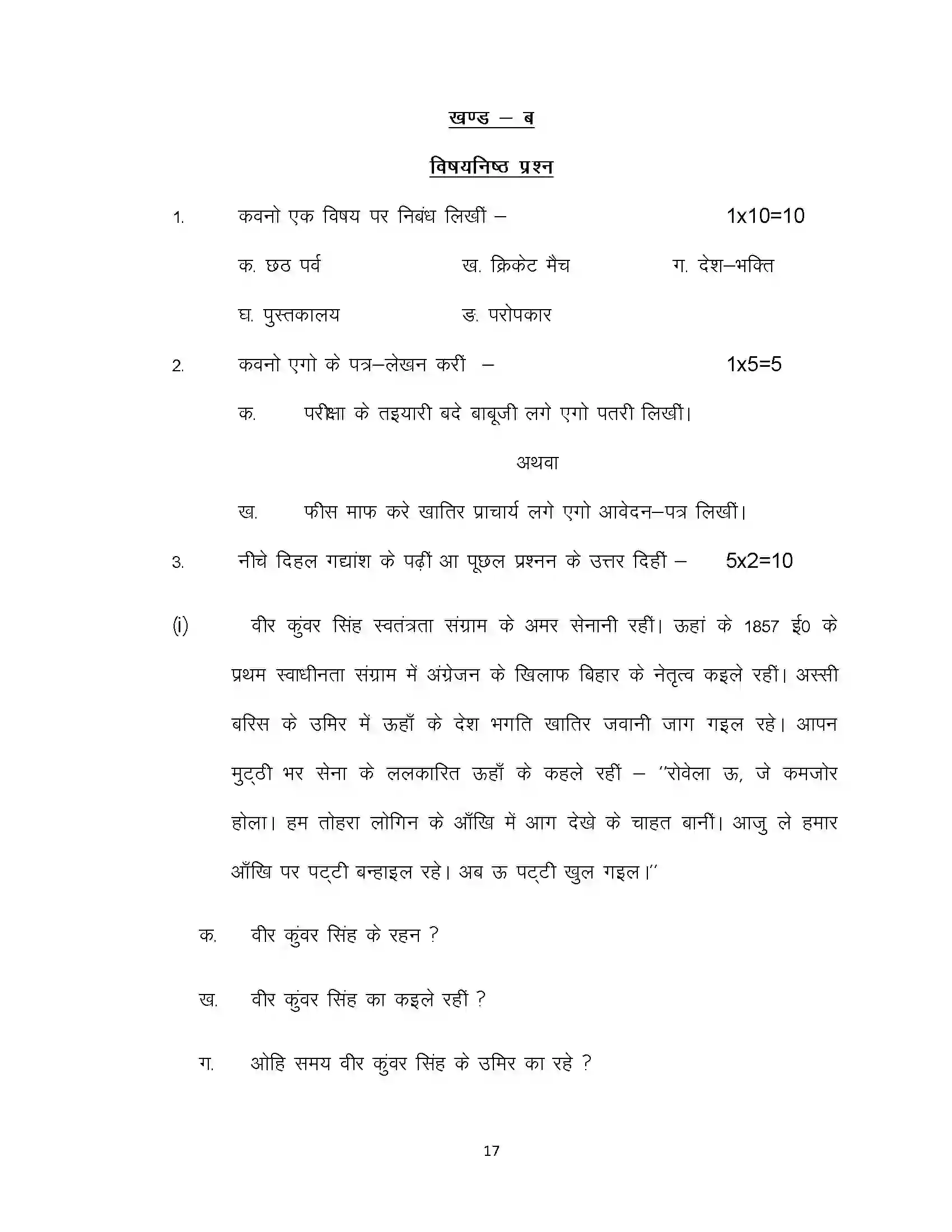 Bihar Board Class 10th 2021 Bhojpuri Sample Paper 17