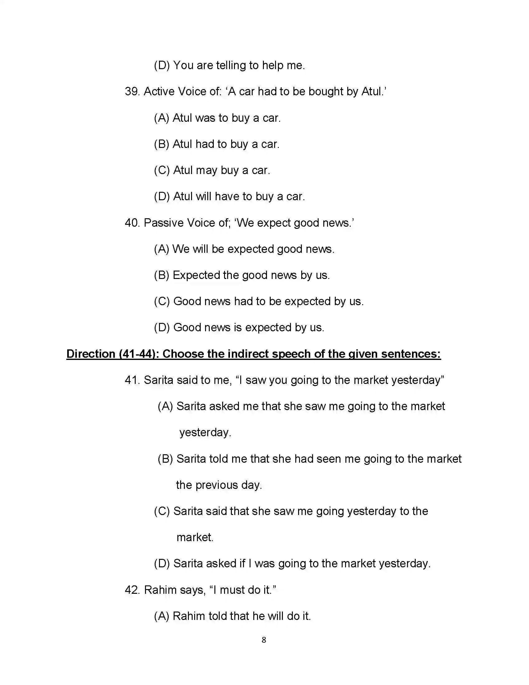 Bihar Board Class 10th 2020 English Sample Paper 8