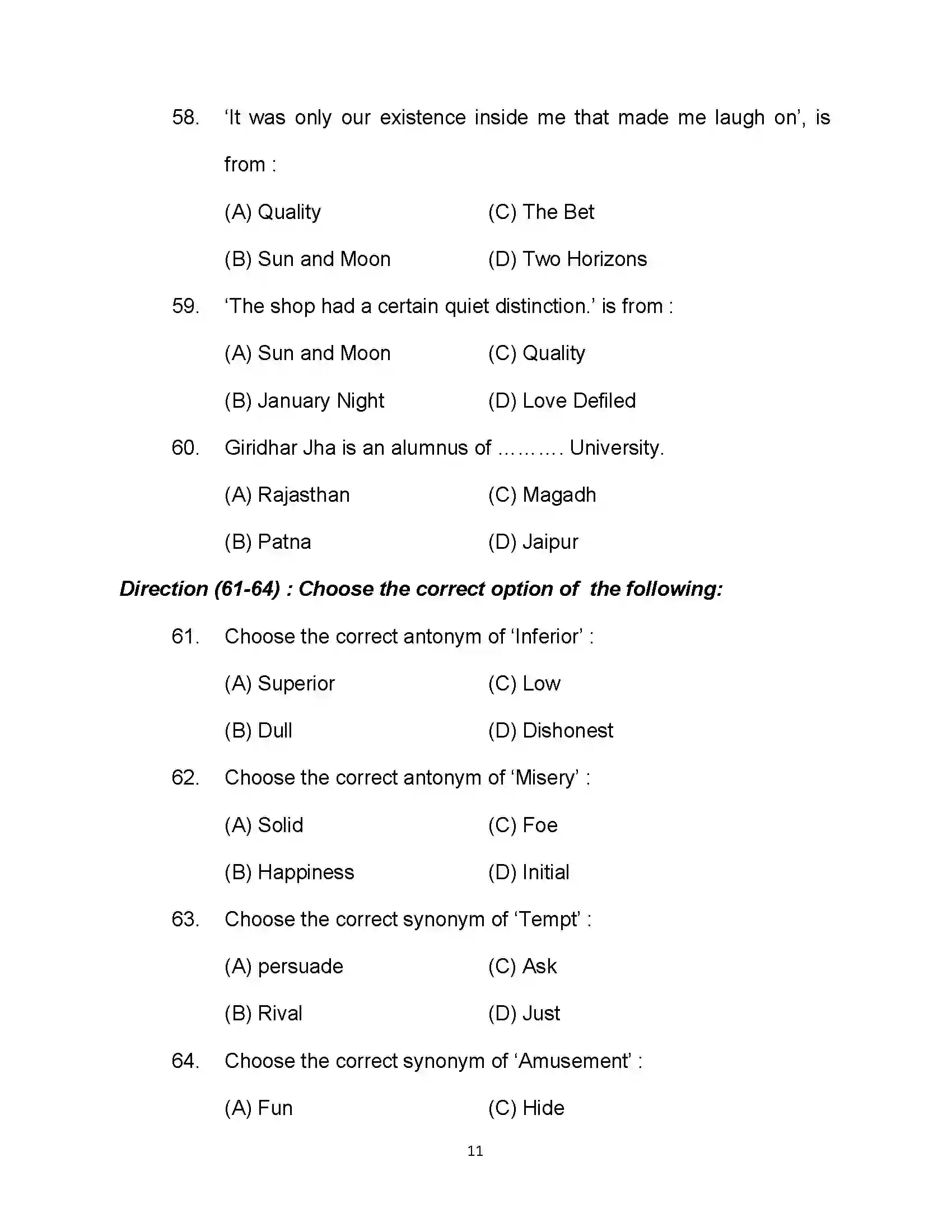 Bihar Board Class 10th 2024 English Sample Paper 11