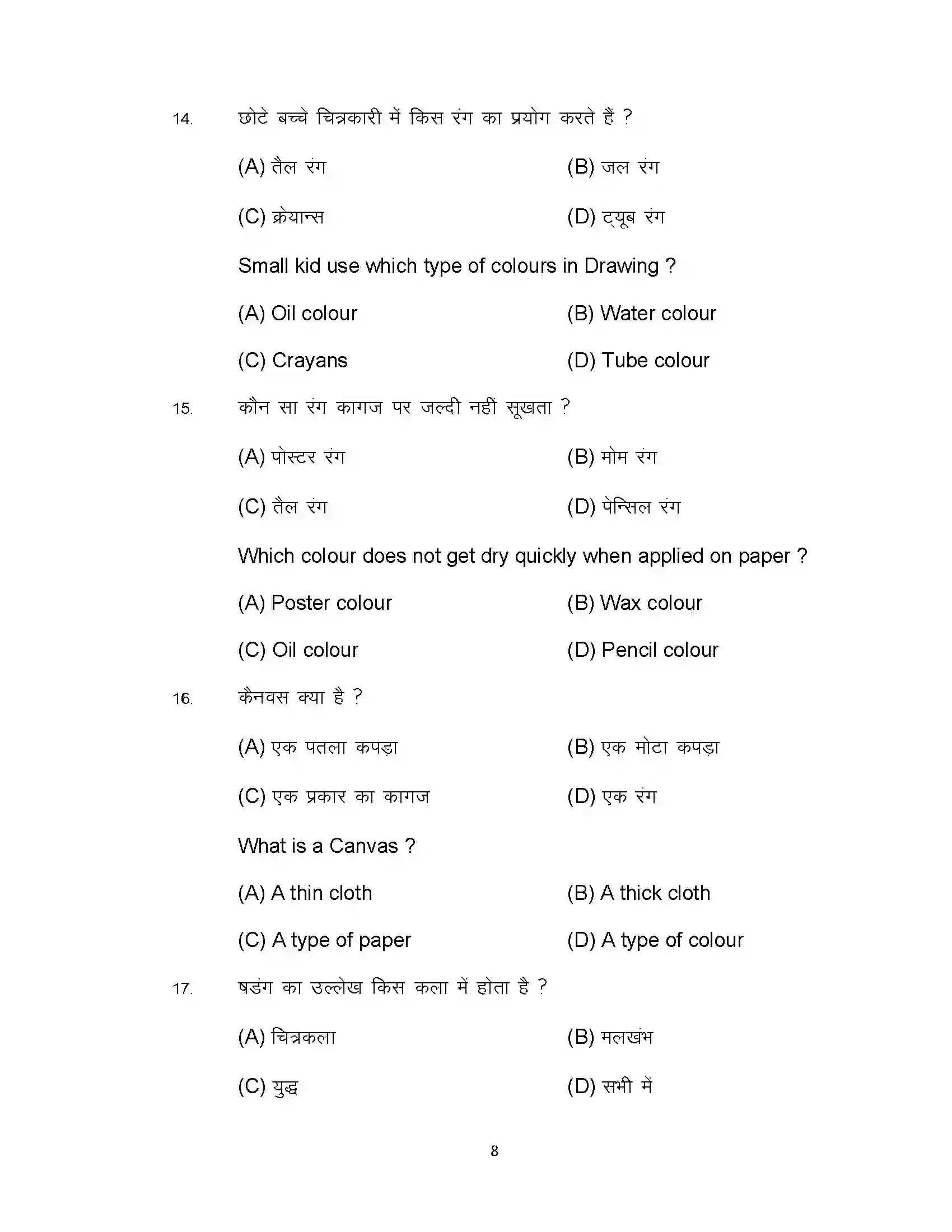 Bihar Board Class 10th 2022 Fine Art Sample Paper 8