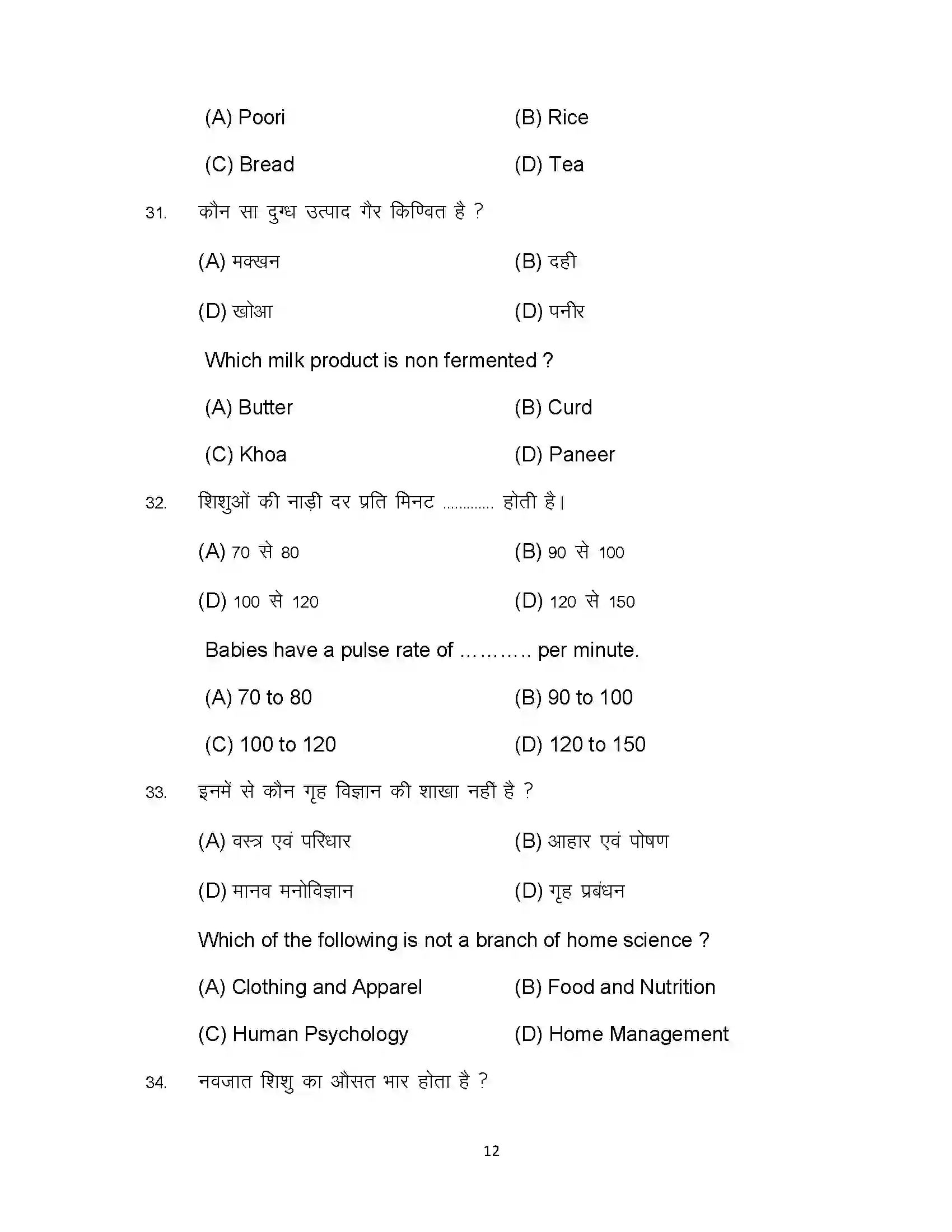 Bihar Board Class 10th 2024 Home Science Sample Paper 12