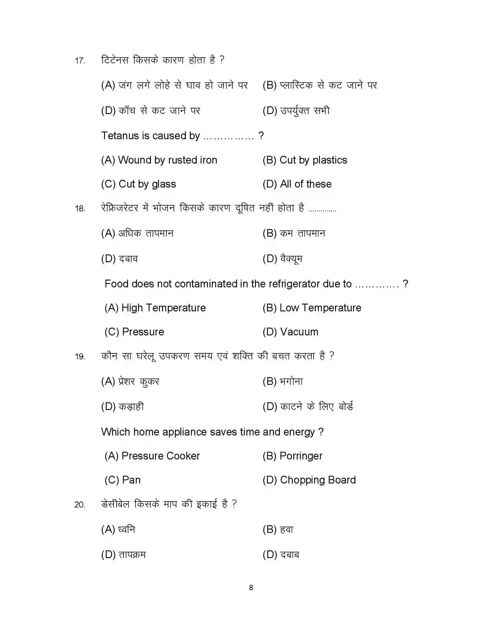 Bihar Board Class 10th 2024 Home Science Sample Paper 8