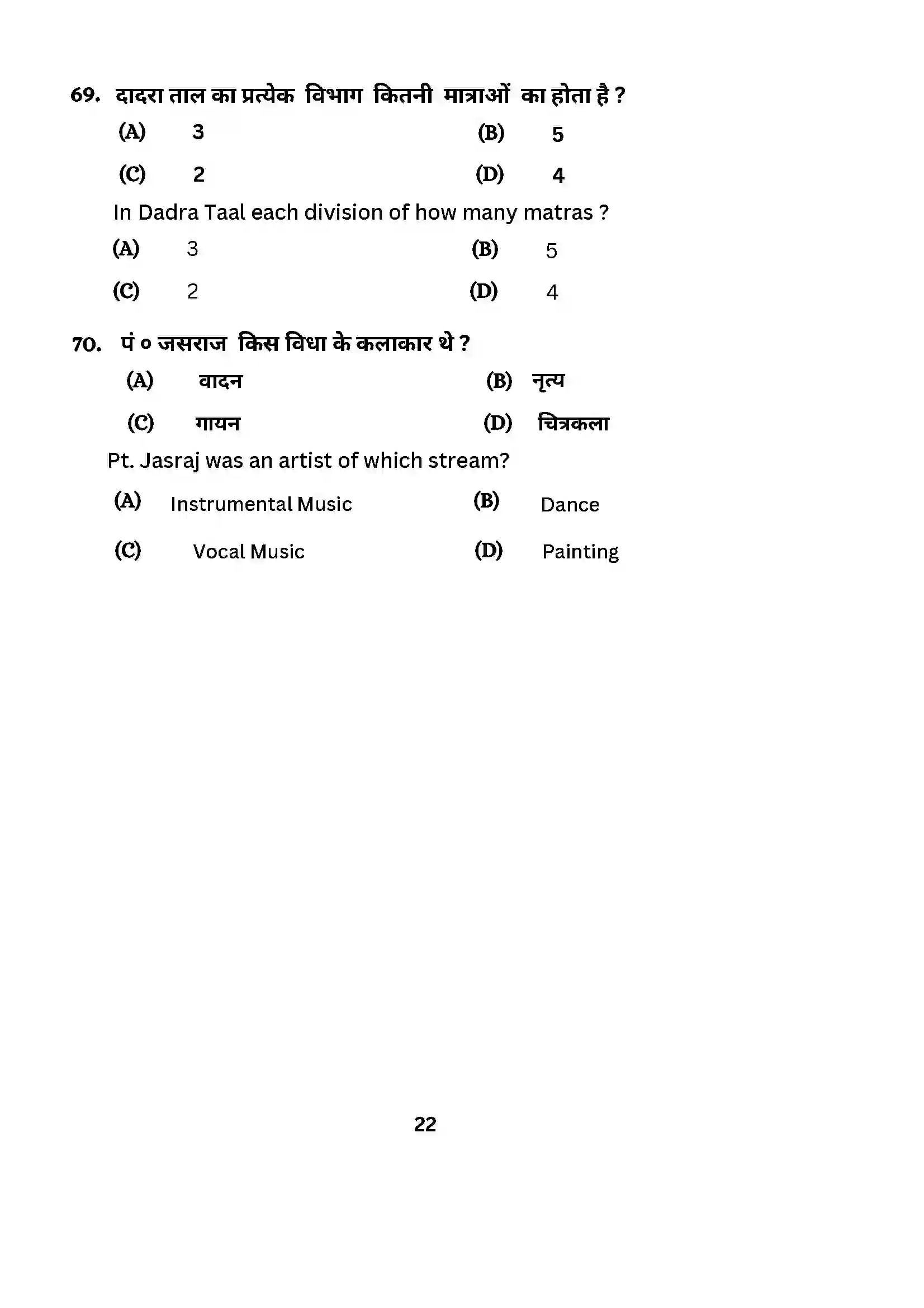 Bihar Board Class 10th 2024 Music (Theory) Sample Paper 22