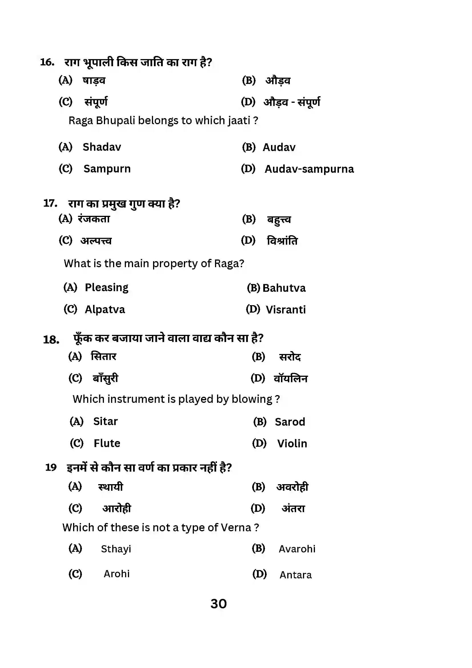 Bihar Board Class 10th 2024 Music (Theory) Sample Paper 30