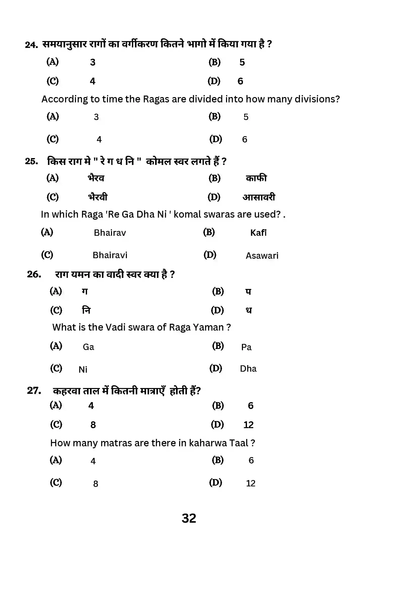 Bihar Board Class 10th 2024 Music (Theory) Sample Paper 32