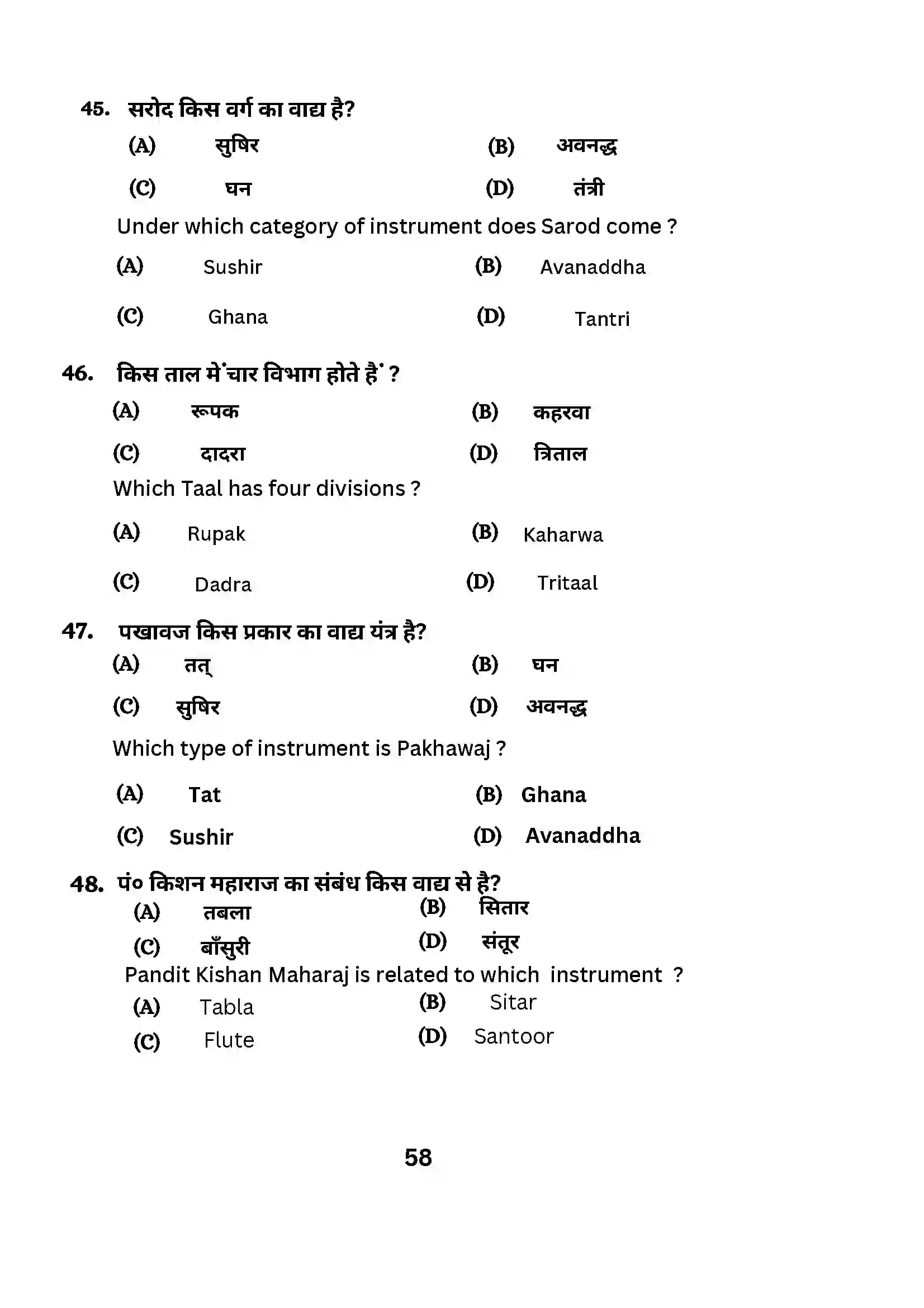 Bihar Board Class 10th 2024 Music (Theory) Sample Paper 58