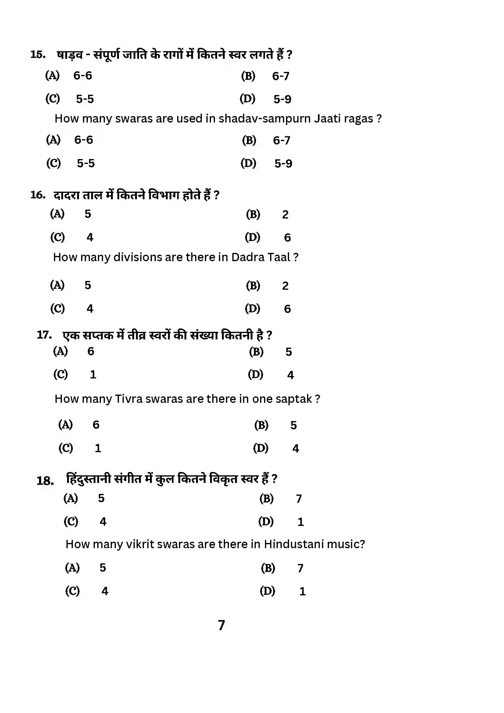 Bihar Board Class 10th 2024 Music (Theory) Sample Paper 7
