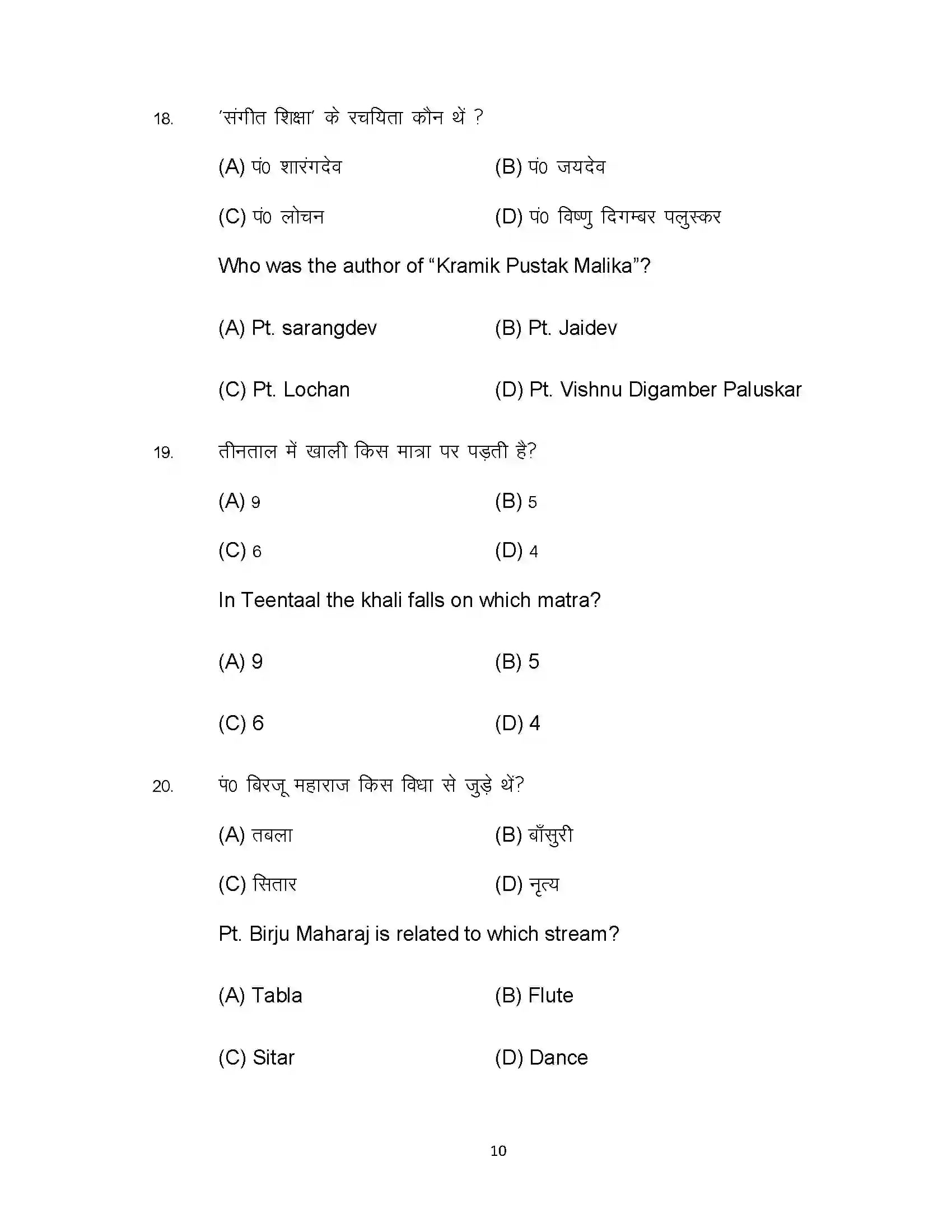 Bihar Board Class 10th 2023 Music Sample Paper 10