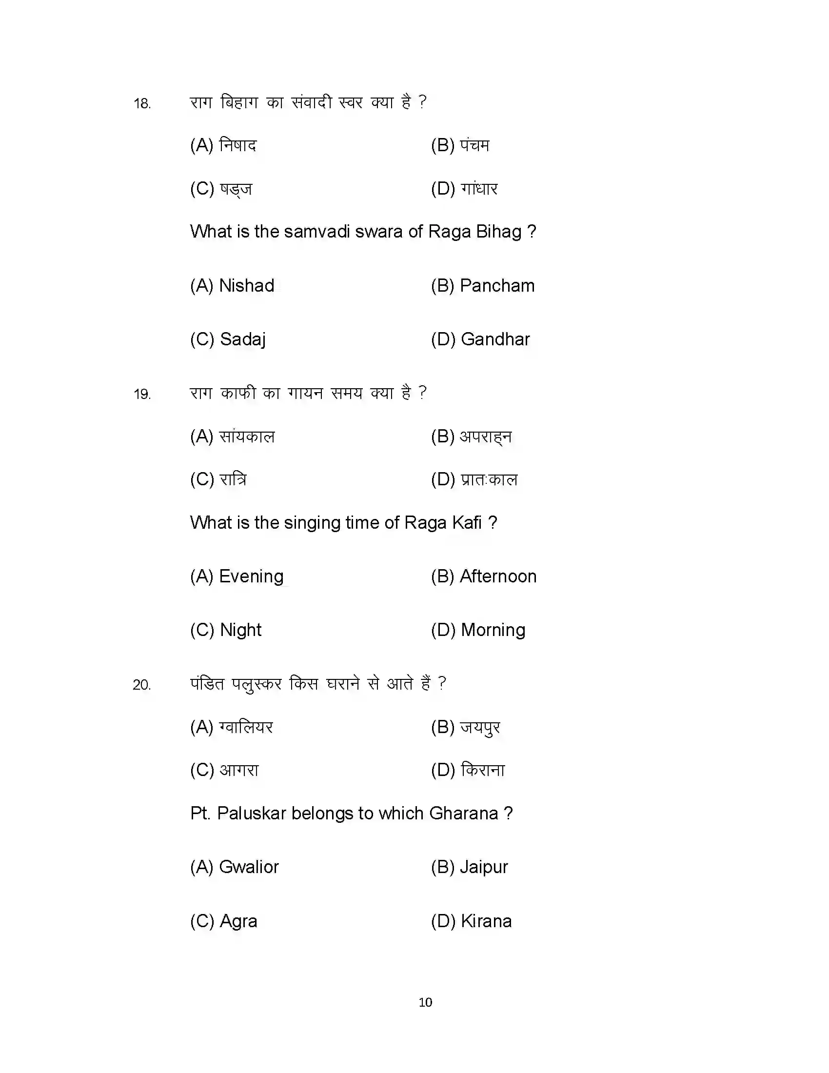 Bihar Board Class 10th 2024 Music Sample Paper 10