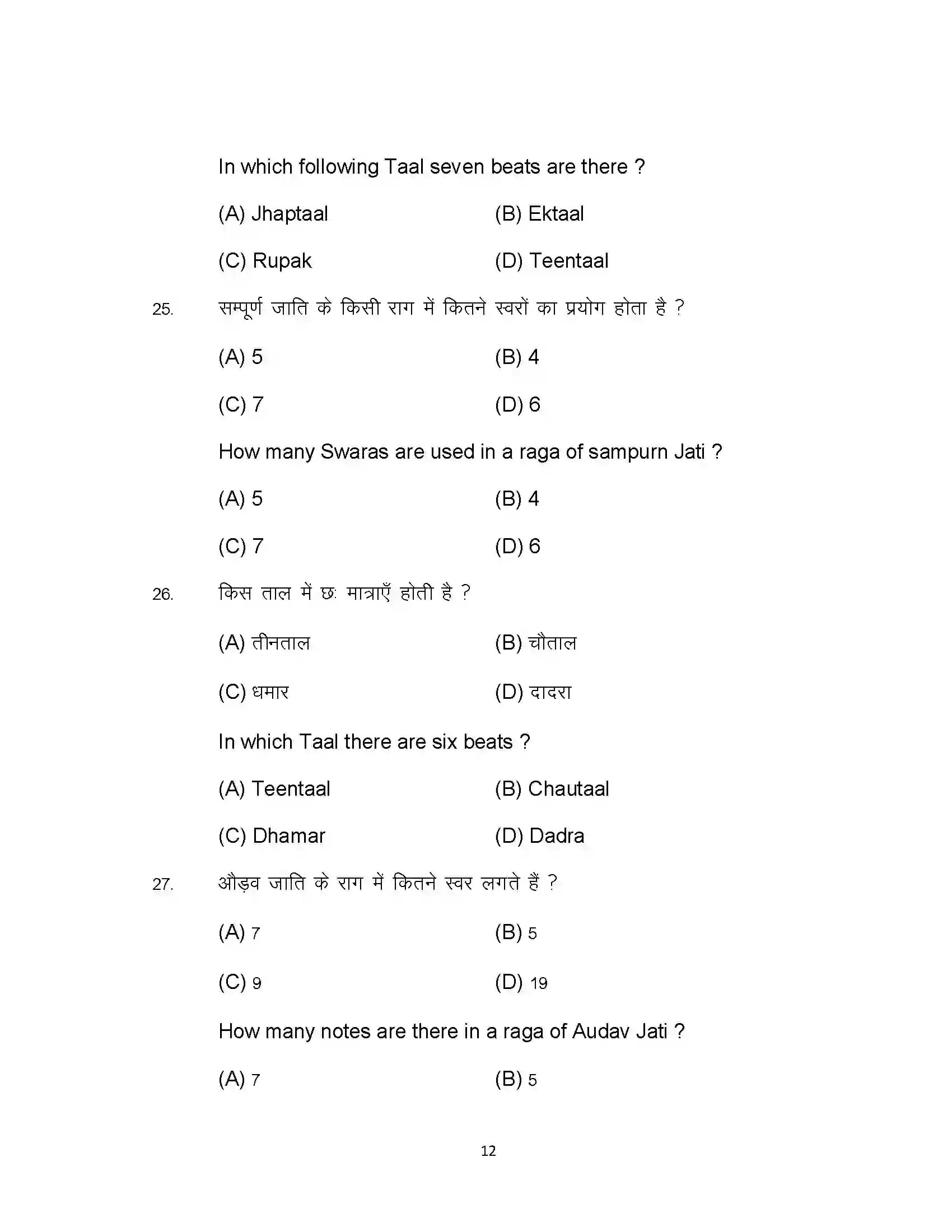 Bihar Board Class 10th 2024 Music Sample Paper 12