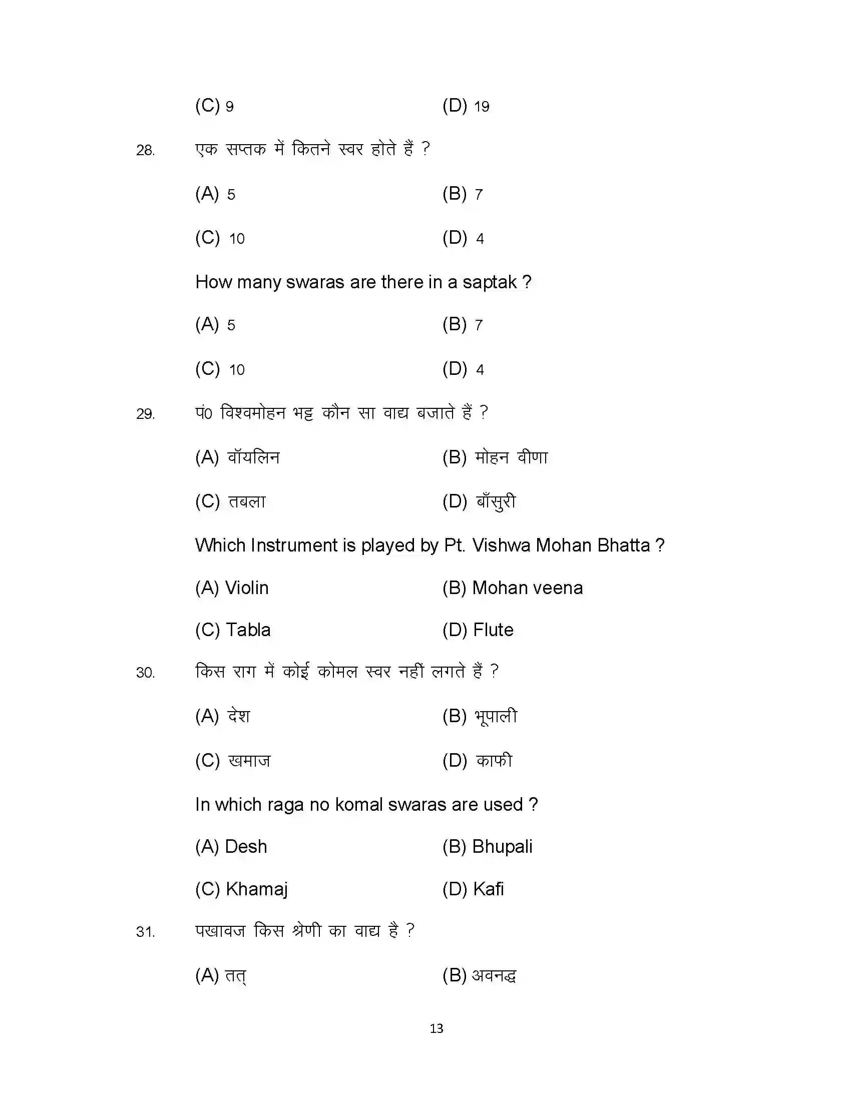 Bihar Board Class 10th 2024 Music Sample Paper 13