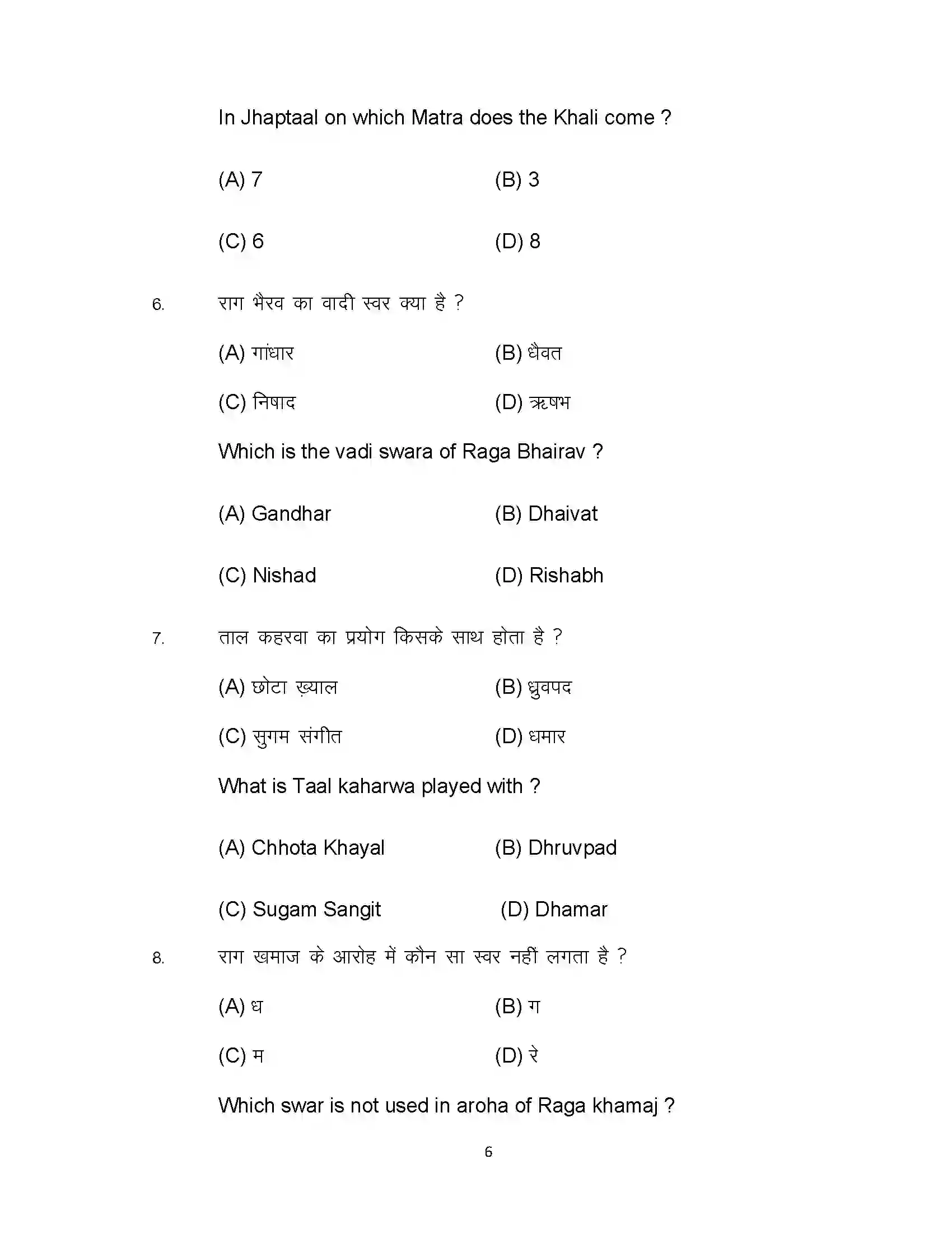 Bihar Board Class 10th 2024 Music Sample Paper 6