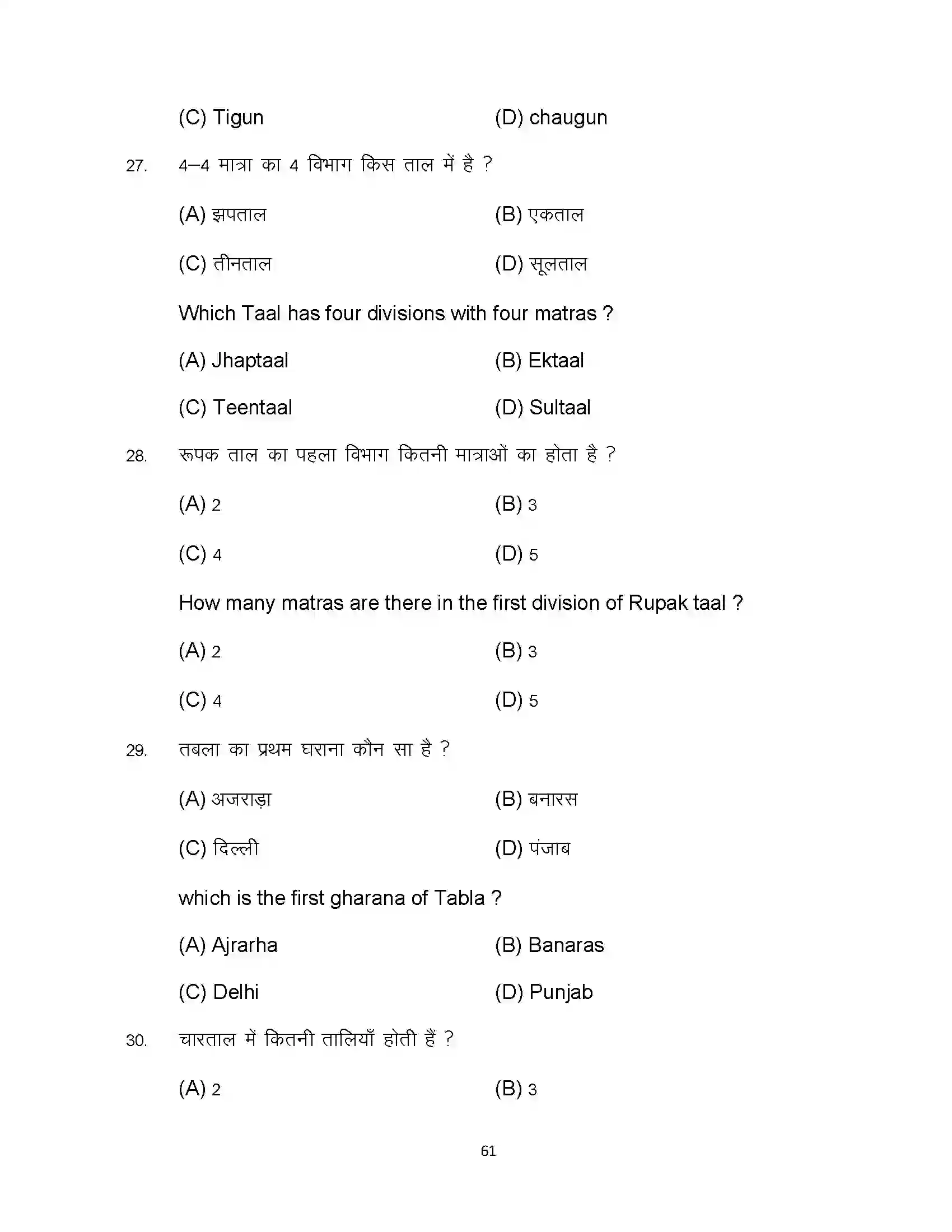 Bihar Board Class 10th 2024 Music Sample Paper 61