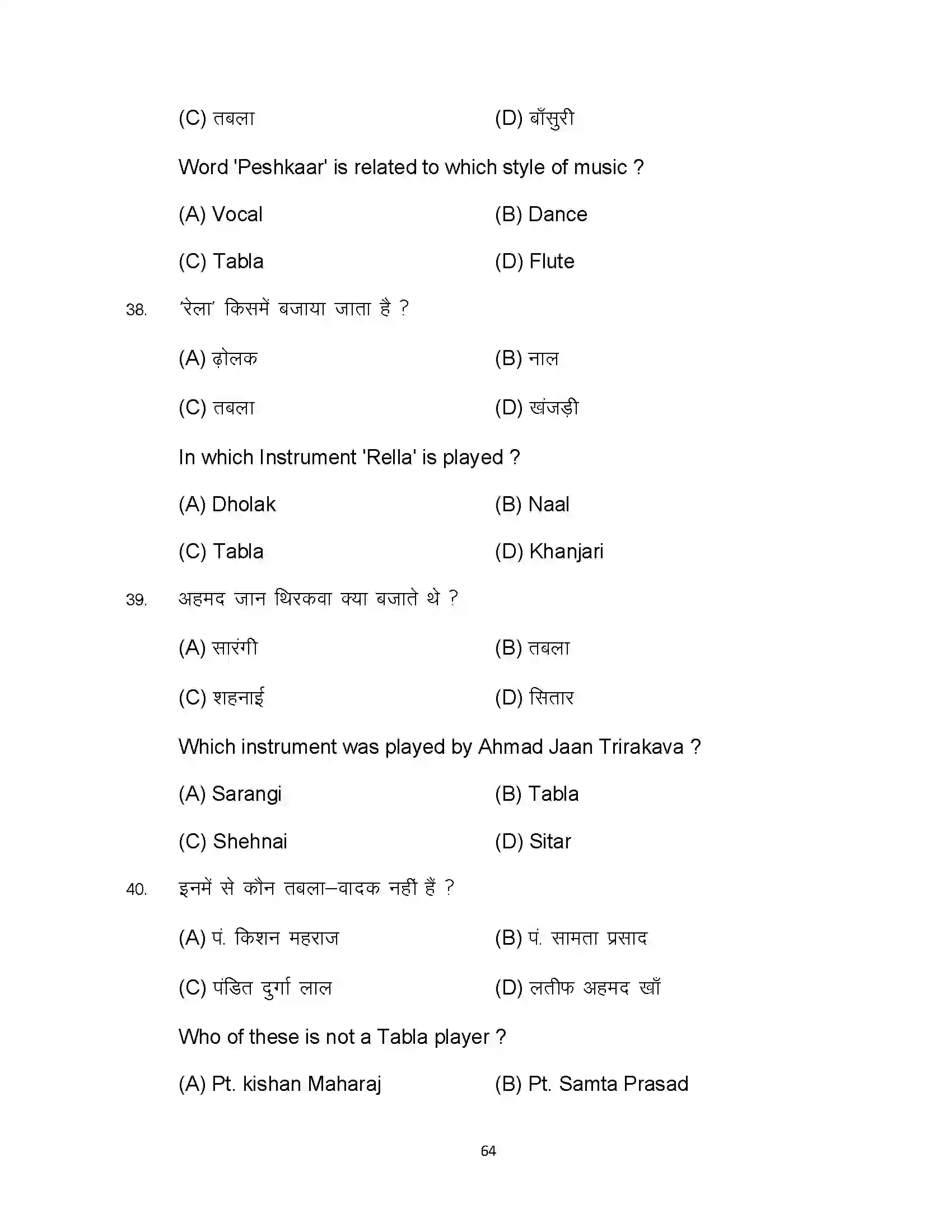 Bihar Board Class 10th 2024 Music Sample Paper 64