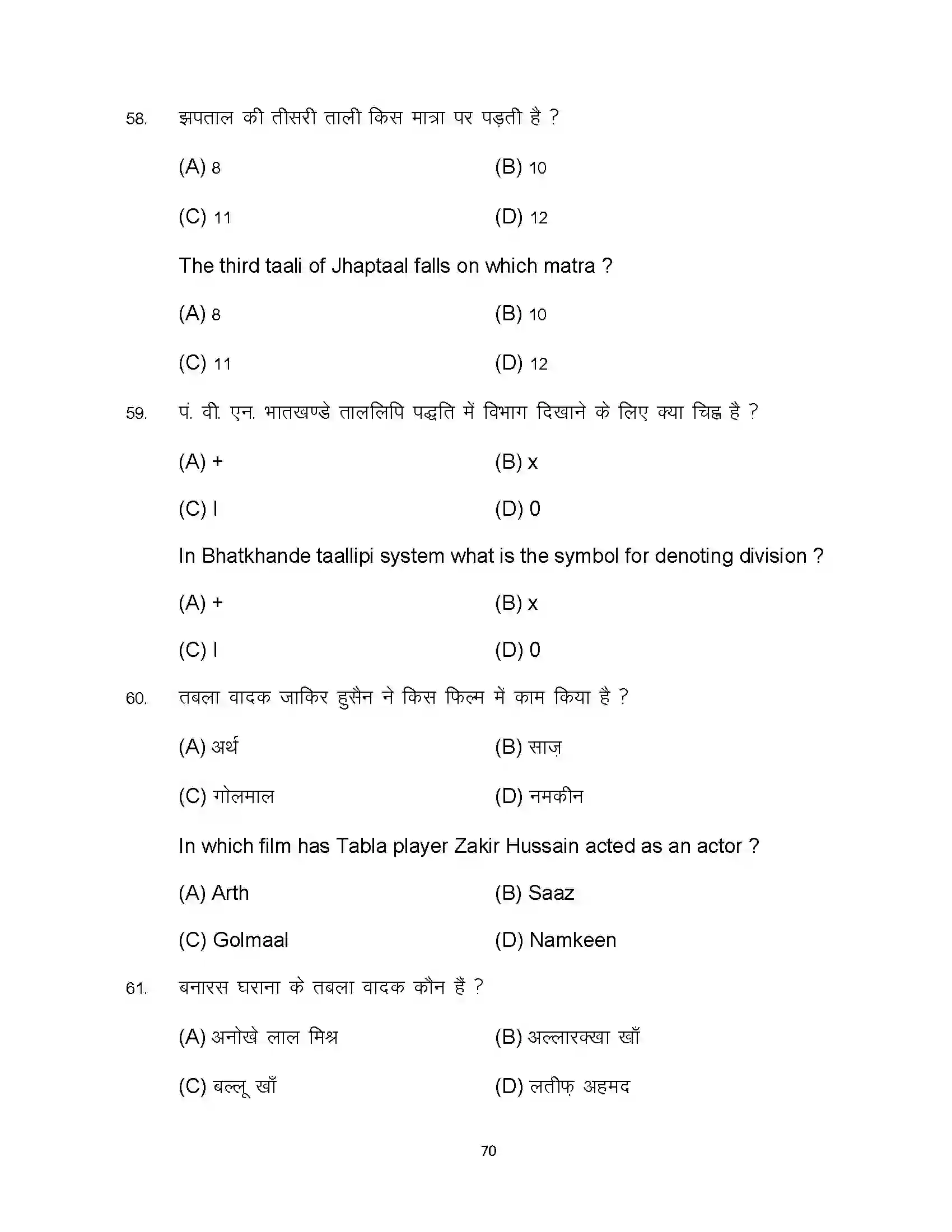 Bihar Board Class 10th 2024 Music Sample Paper 70