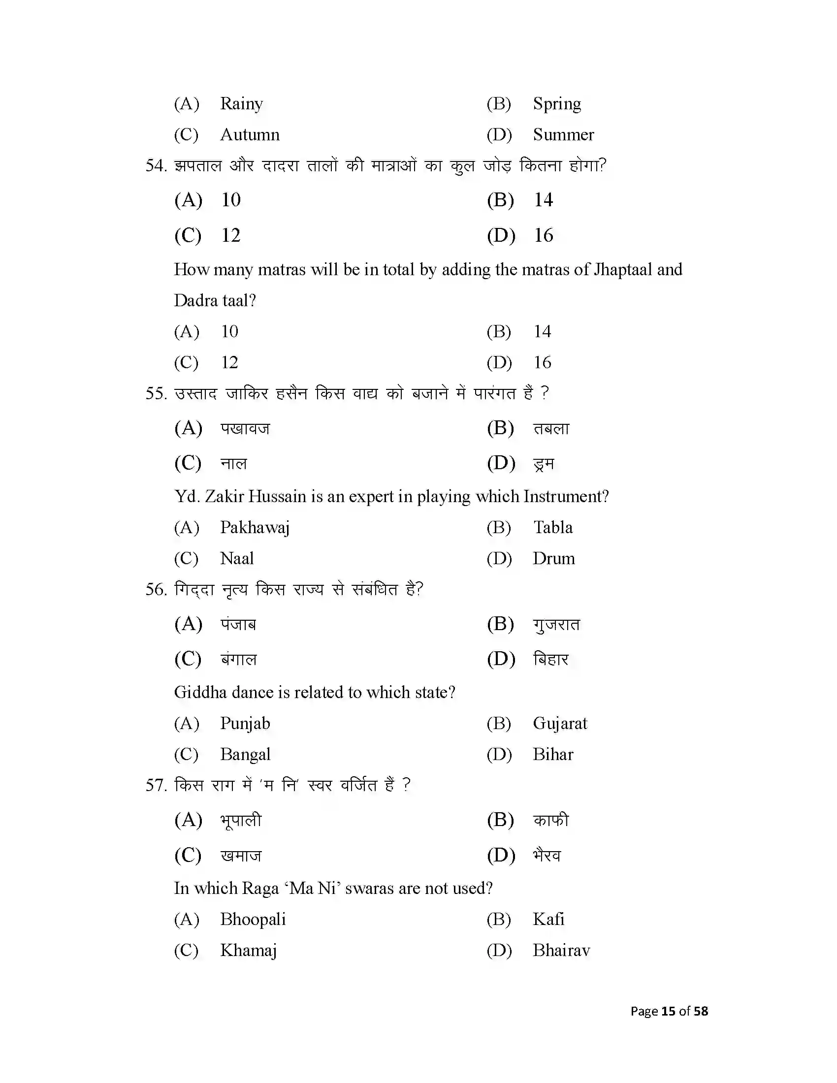 Bihar Board Class 10th 2025 Music Sample Paper 15