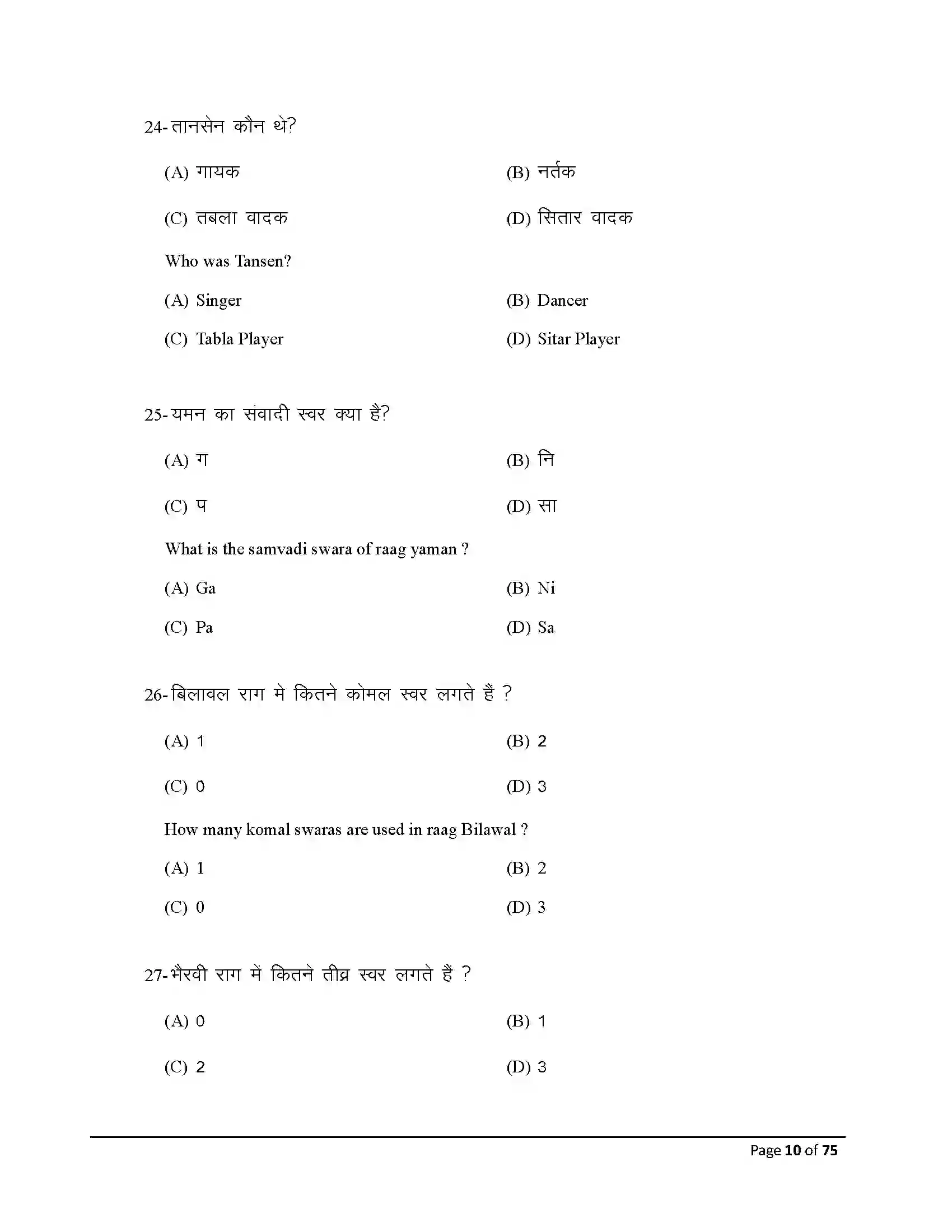Bihar Board Class 10th 2026 Music Sample Paper 10