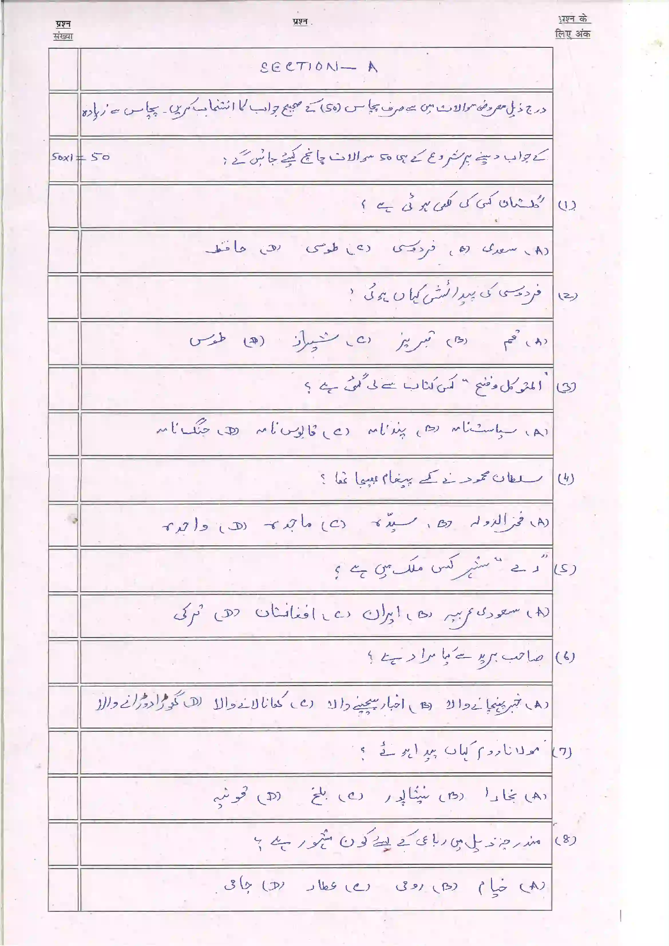 Bihar Board Class 10th 2024 Persian (Opt) Sample Paper 3