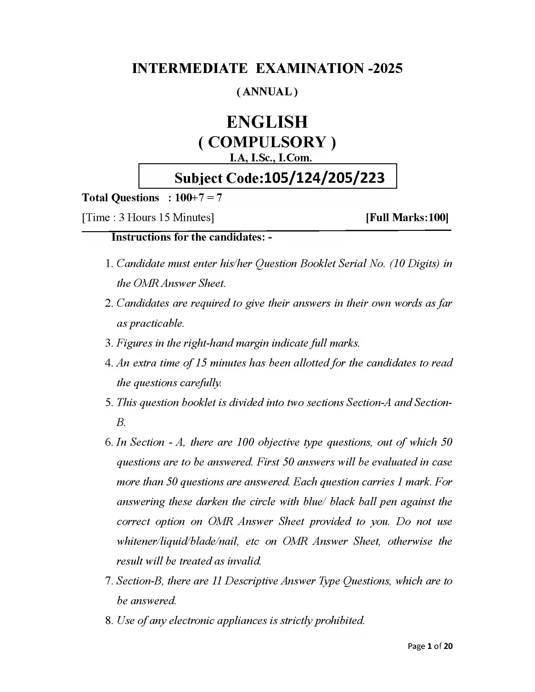 Bihar Board Class 12th 2025 English Sample Paper 1
