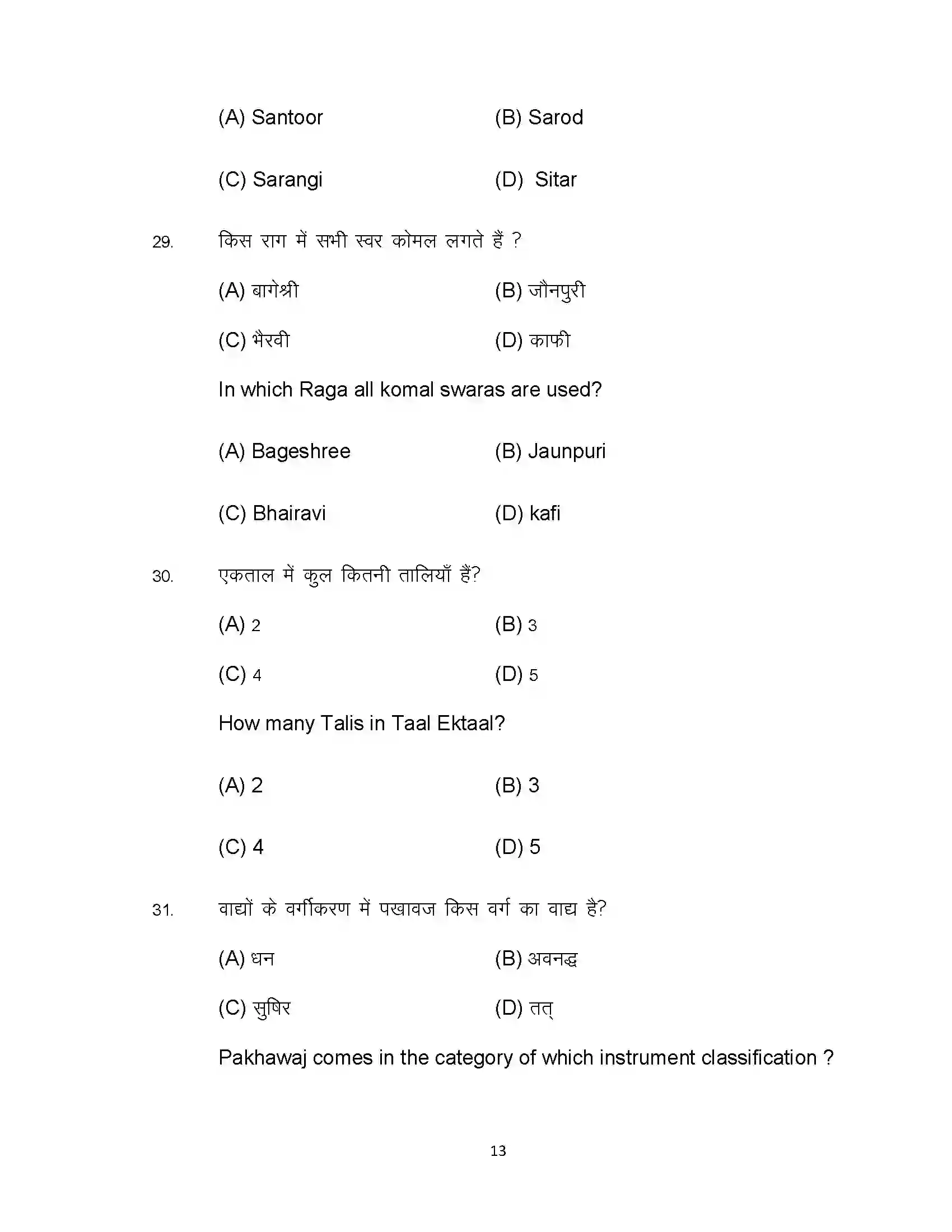 Bihar Board Class 12th 2022 Music (Elective) Sample Paper 13