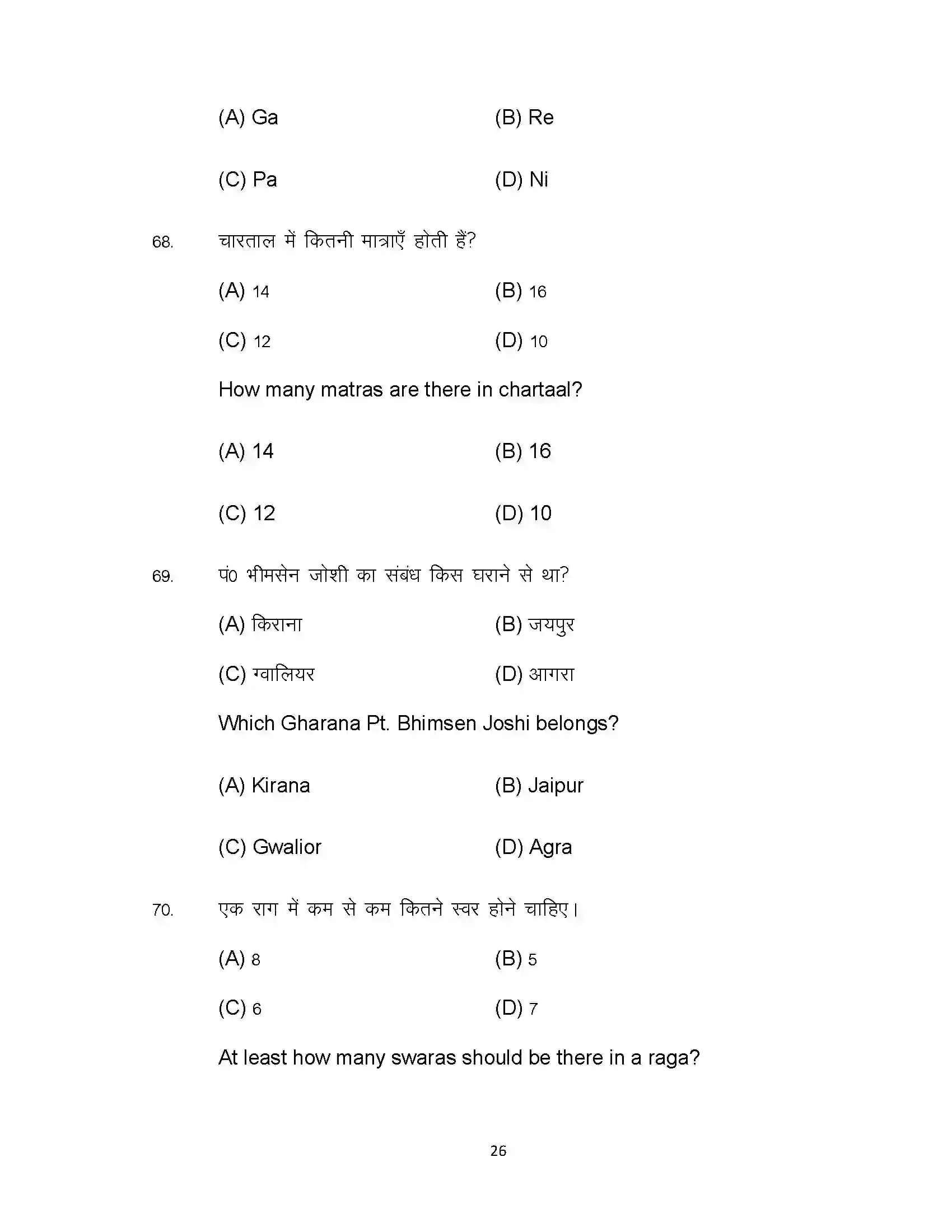 Bihar Board Class 12th 2022 Music (Elective) Sample Paper 26