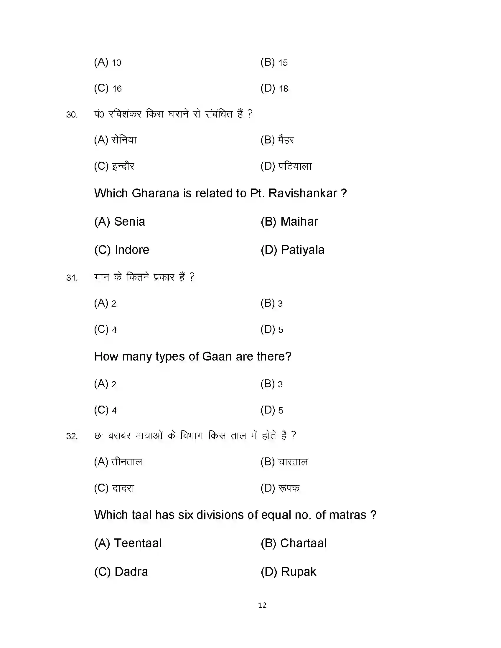 Bihar Board Class 12th 2023 Music Sample Paper 12