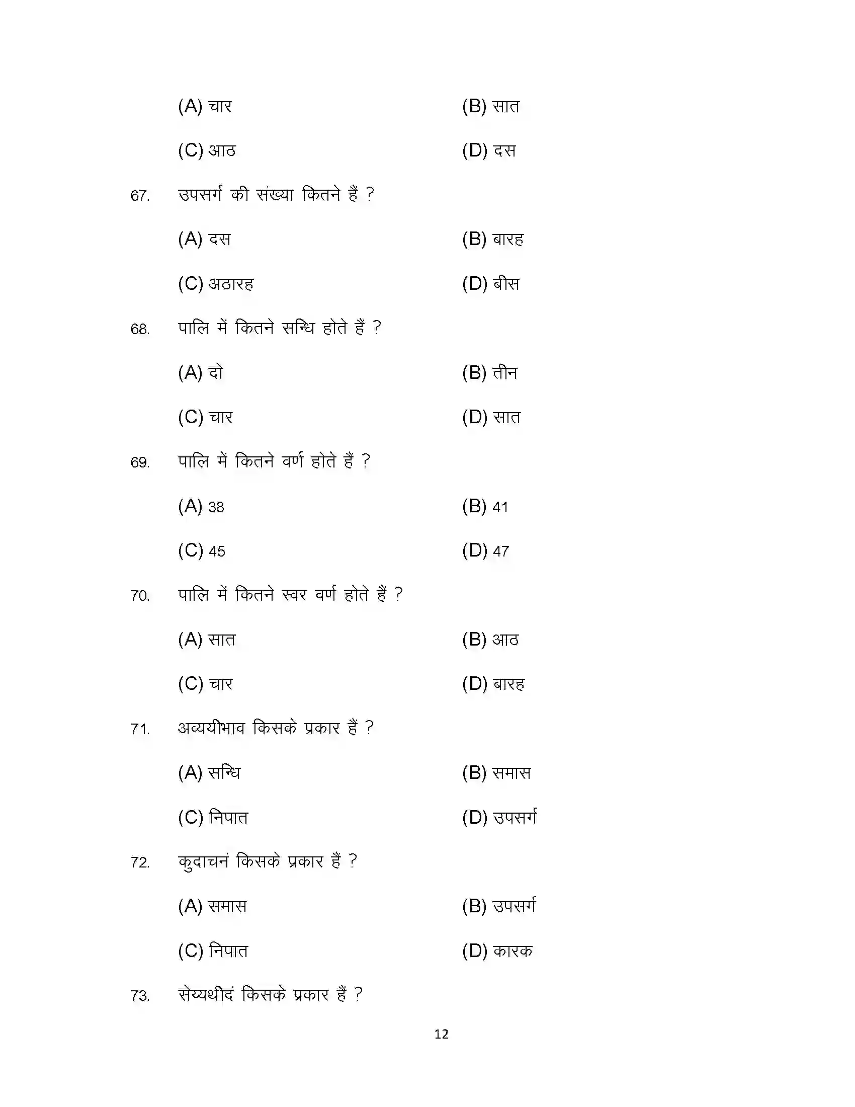 Bihar Board Class 12th 2024 Pali Sample Paper 12