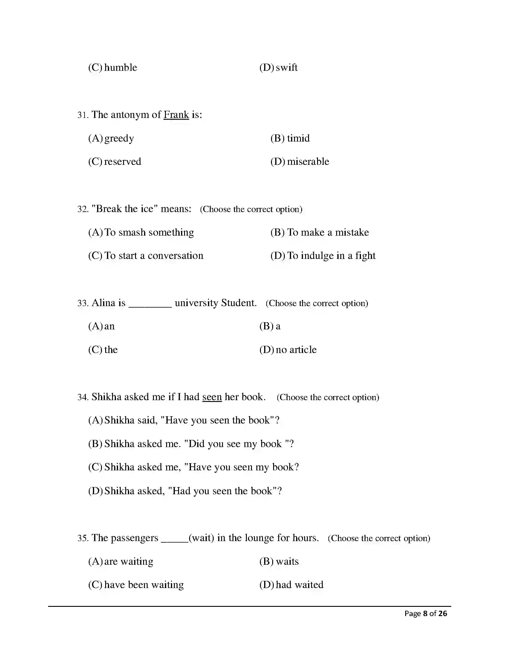Bihar Board Class 12th 2026 English Sample Paper 8