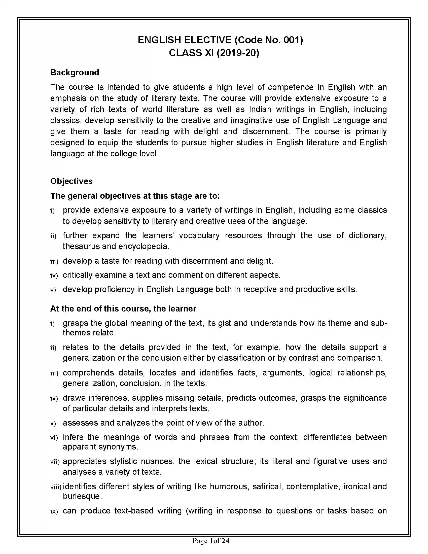 Bihar Board Class 12th 2020 English Elective Syllabus 1