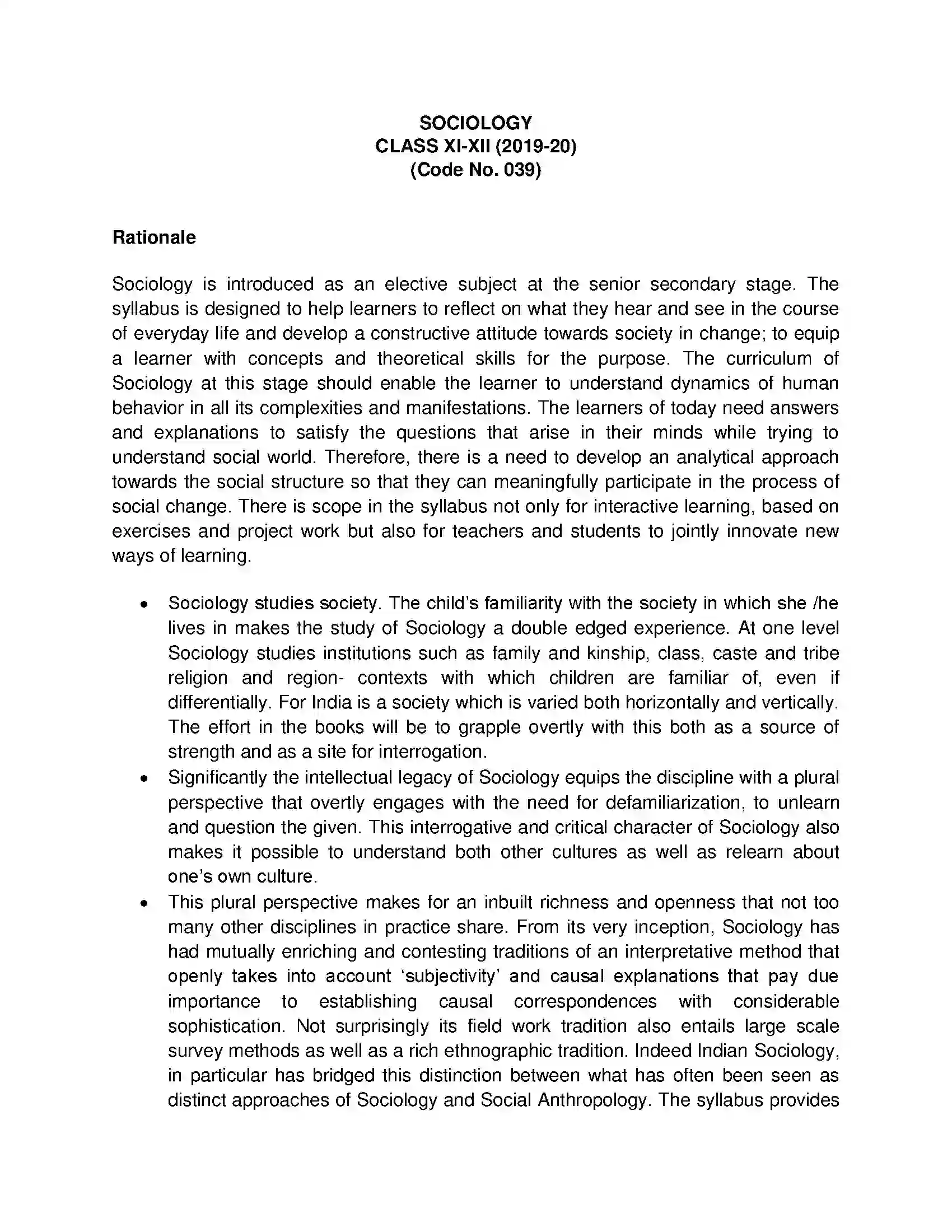 Bihar Board Class 12th 2020 Sociology Syllabus 1
